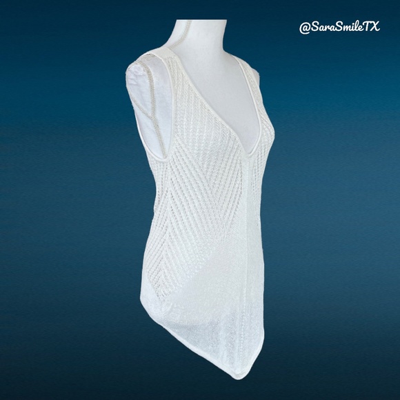 HELMUT LANG - Geometric Pointelle -  White Linen Chunky Knit Low Back Tank Top - Picture 9 of 15